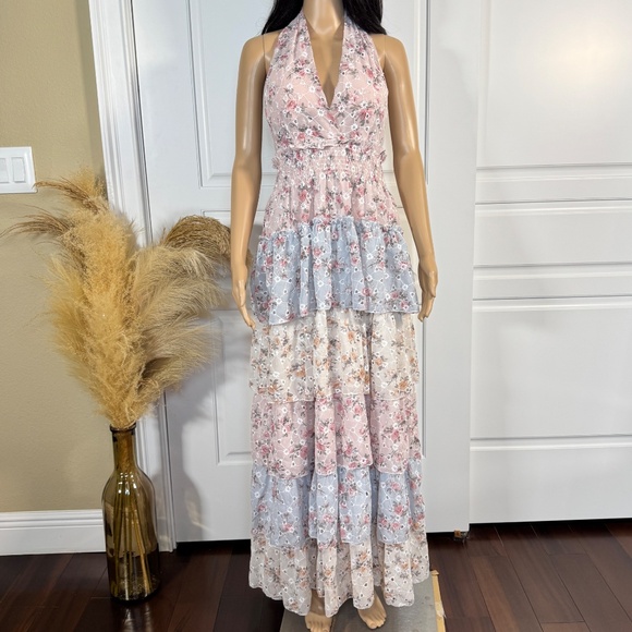 MUY MUY Dresses & Skirts - FLORAL EYELET HALTER TOP MAXI DRESS